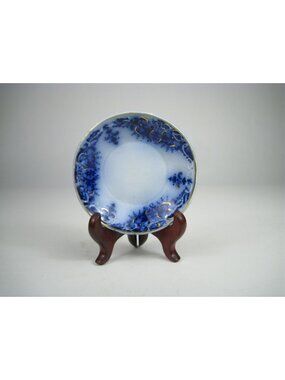 Antique Flow Blue Small Blue White Plate Floral Design Gold Accents